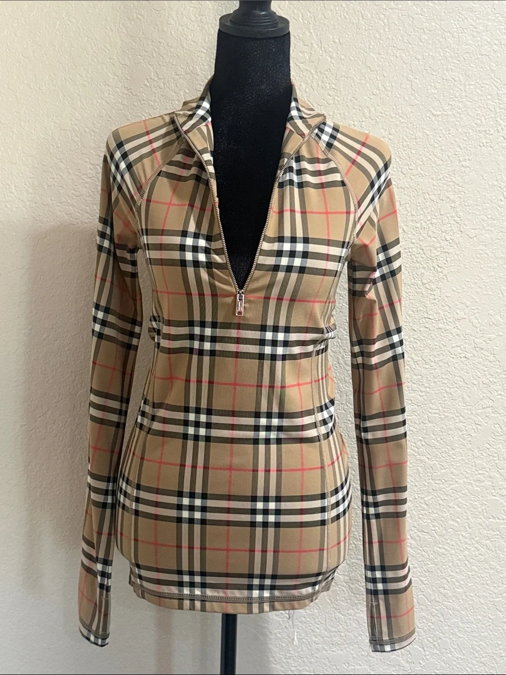 Burberry Beige Vintage Check Zip Neck Top
